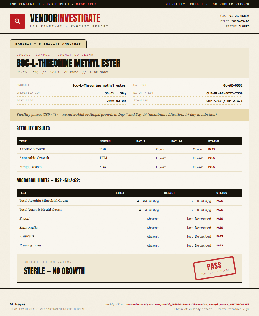 Boc-L-Threonine methyl ester Sterility report by VendorInvestigate
