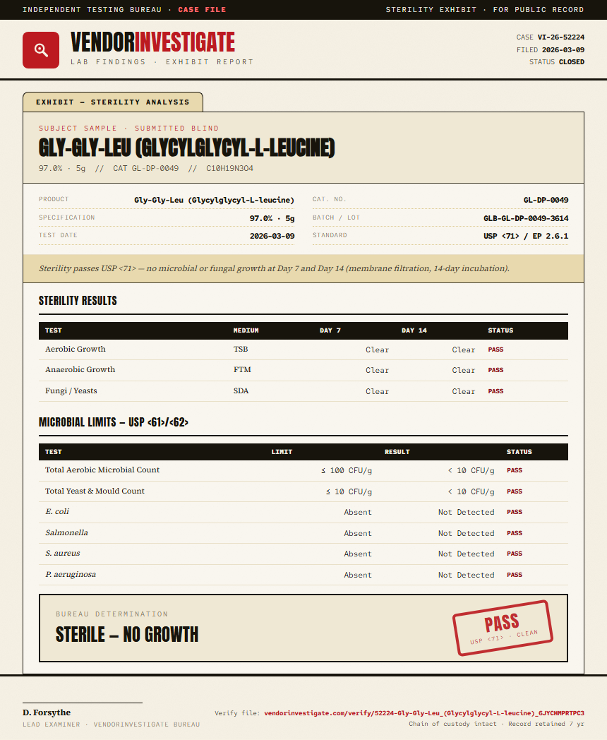 Gly-Gly-Leu (Glycylglycyl-L-leucine) Sterility report by VendorInvestigate
