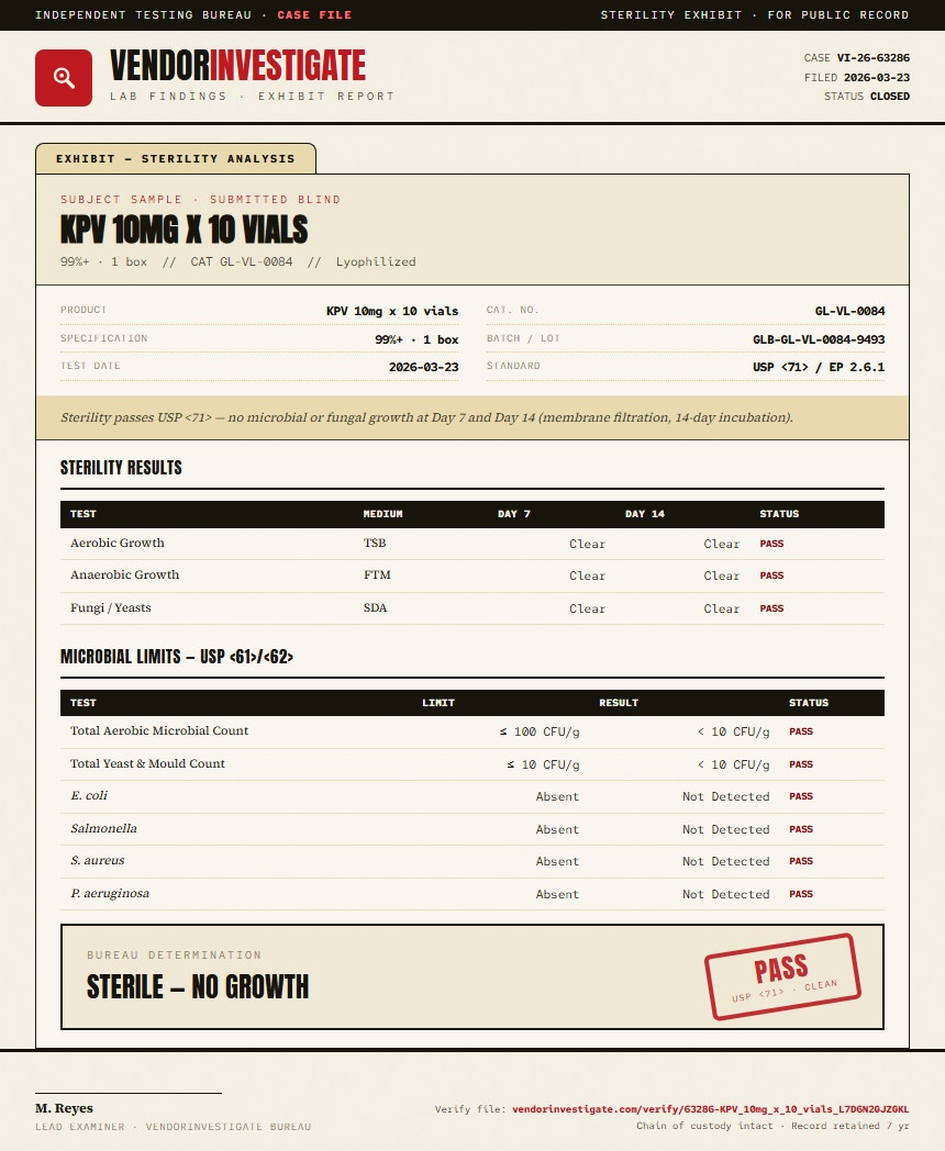 KPV 10mg x 10 vials Sterility report by VendorInvestigate