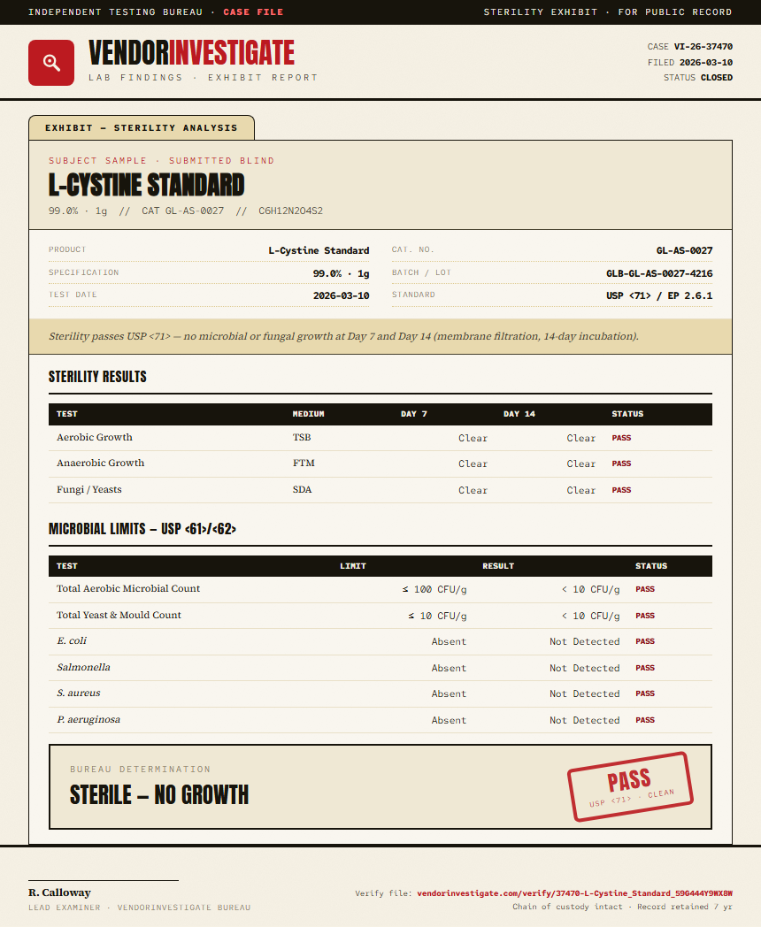 L-Cystine Standard Sterility report by VendorInvestigate