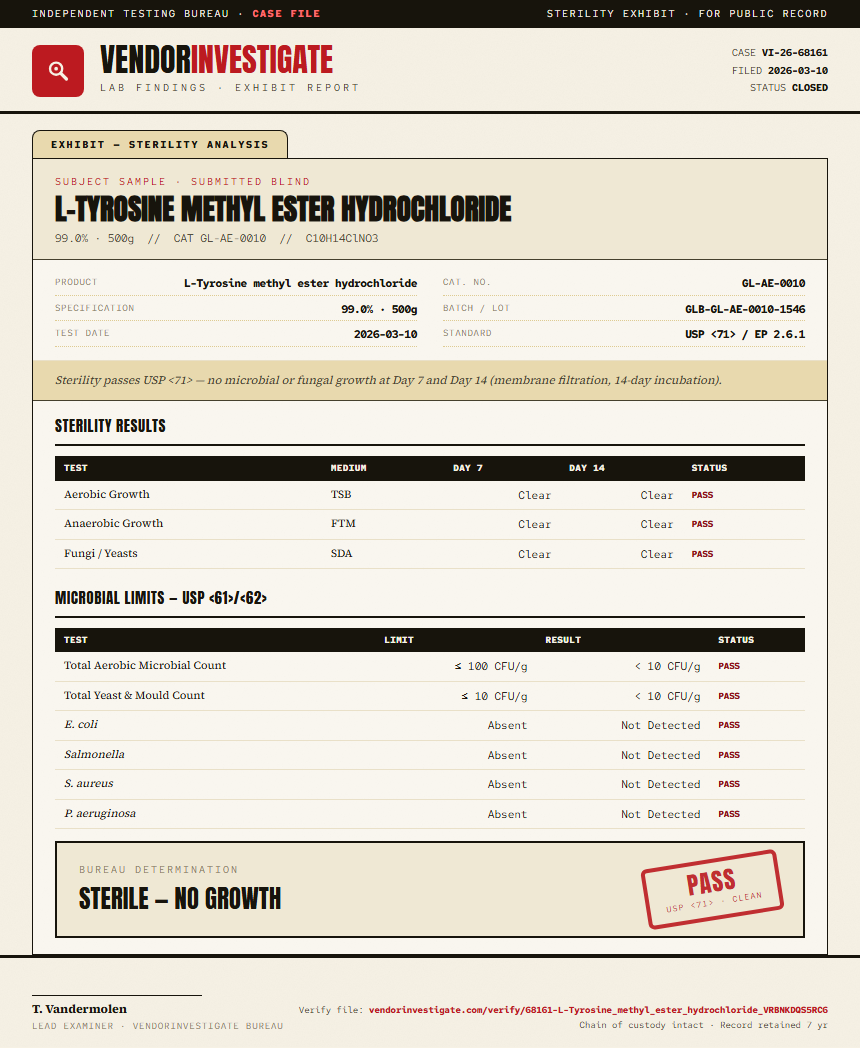 L-Tyrosine methyl ester hydrochloride Sterility report by VendorInvestigate