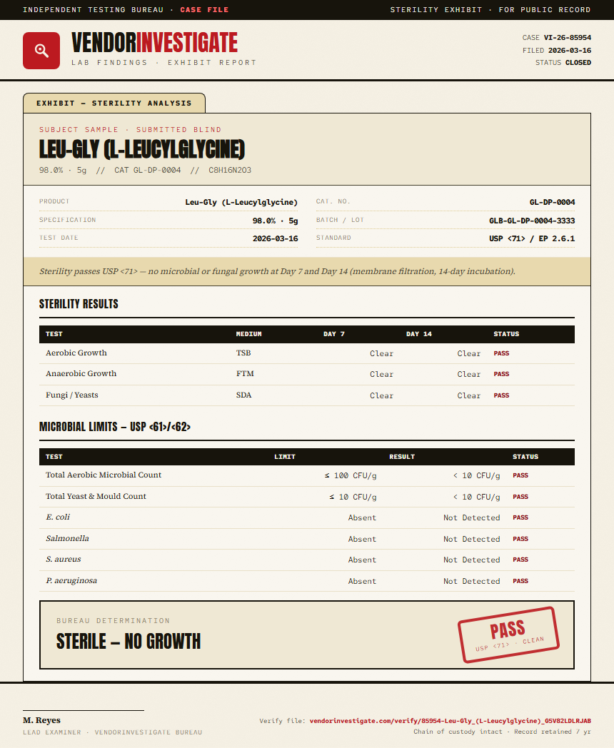 Leu-Gly (L-Leucylglycine) Sterility report by VendorInvestigate