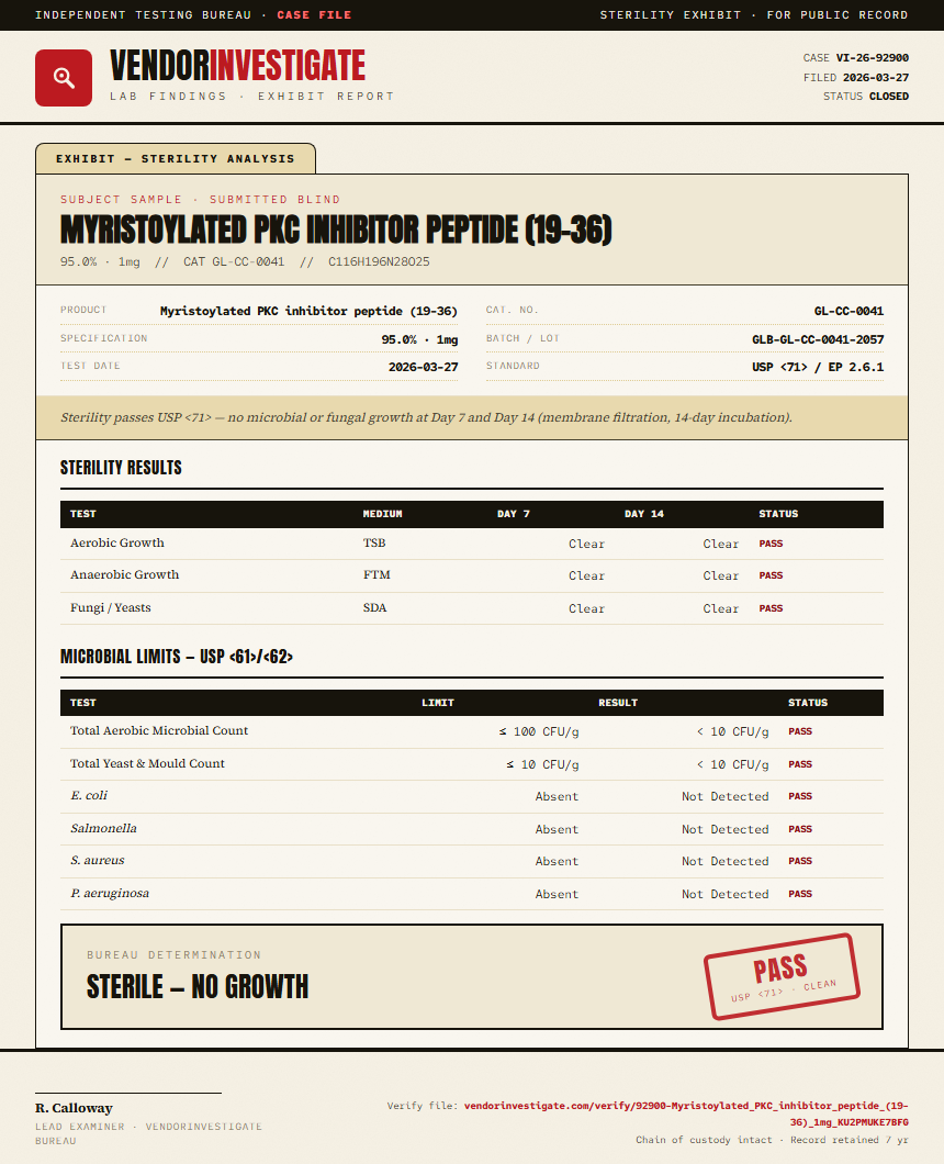 Myristoylated PKC inhibitor peptide (19-36) Sterility report by VendorInvestigate