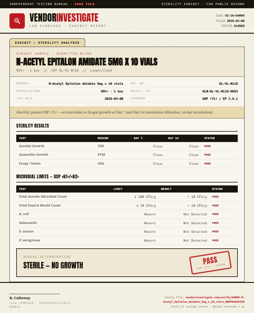 N-Acetyl Epitalon Amidate 5mg x 10 vials Sterility report by VendorInvestigate