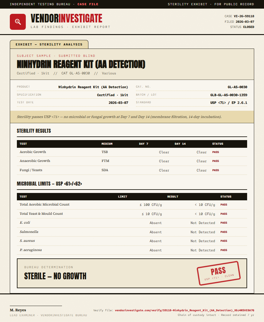 Ninhydrin Reagent Kit (AA Detection) Sterility report by VendorInvestigate