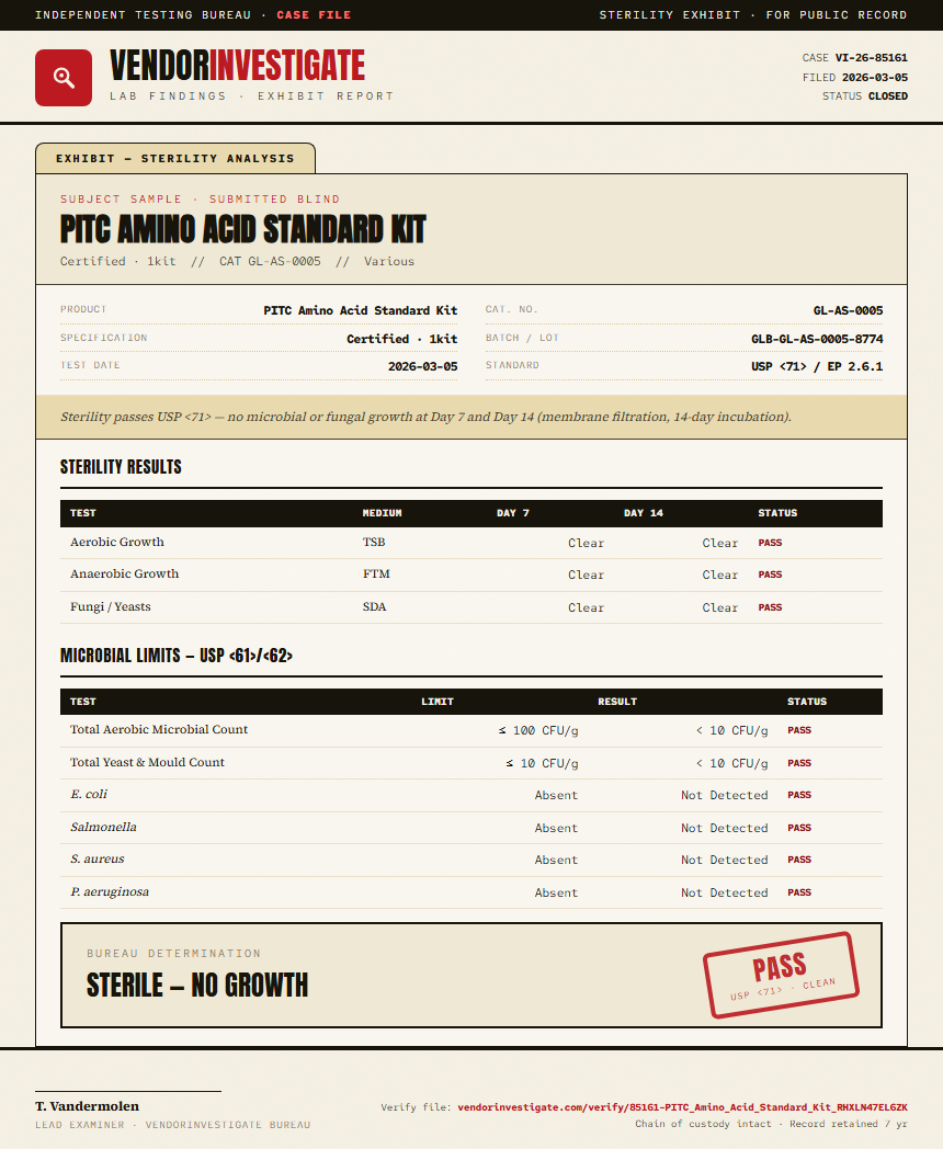 PITC Amino Acid Standard Kit Sterility report by VendorInvestigate