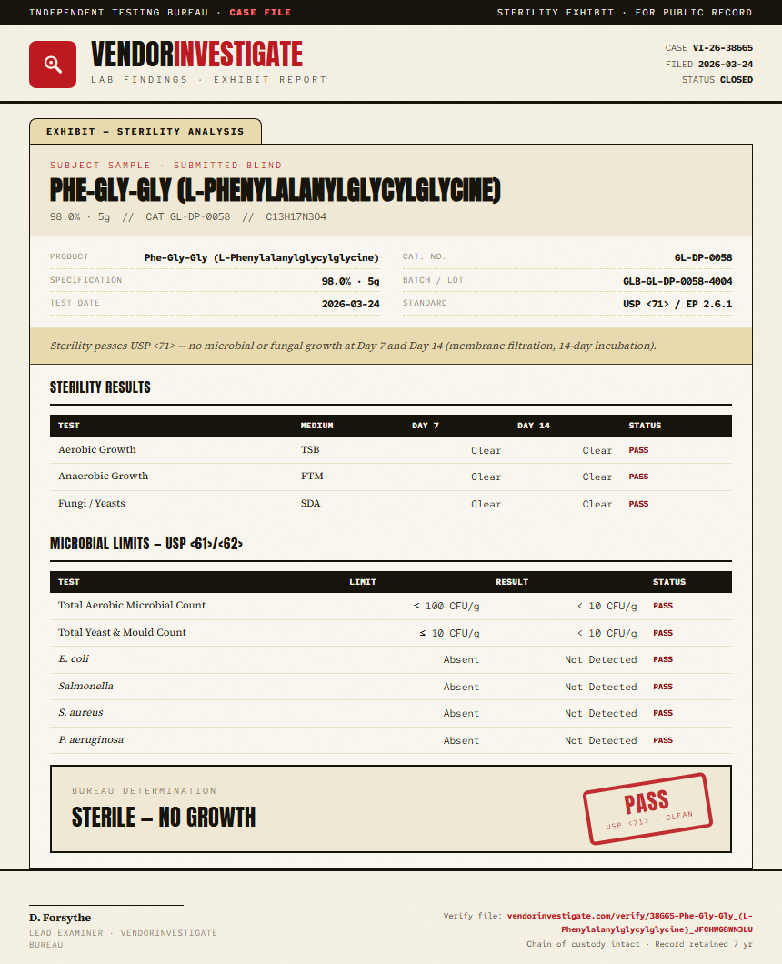 Phe-Gly-Gly (L-Phenylalanylglycylglycine) Sterility report by VendorInvestigate