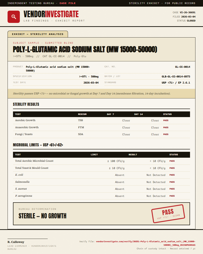 Poly-L-Glutamic acid sodium salt (MW 15000-50000) Sterility report by VendorInvestigate