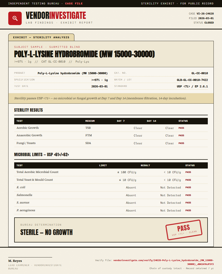 Poly-L-Lysine hydrobromide (MW 15000-30000) Sterility report by VendorInvestigate