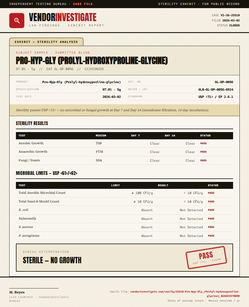 Pro-Hyp-Gly (Prolyl-hydroxyproline-glycine) Sterility report by VendorInvestigate