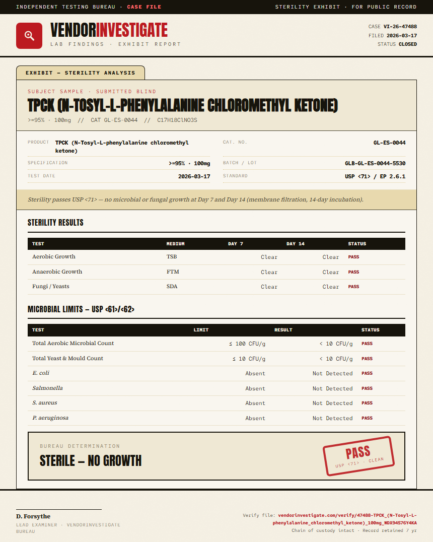 TPCK (N-Tosyl-L-phenylalanine chloromethyl ketone) Sterility report by VendorInvestigate